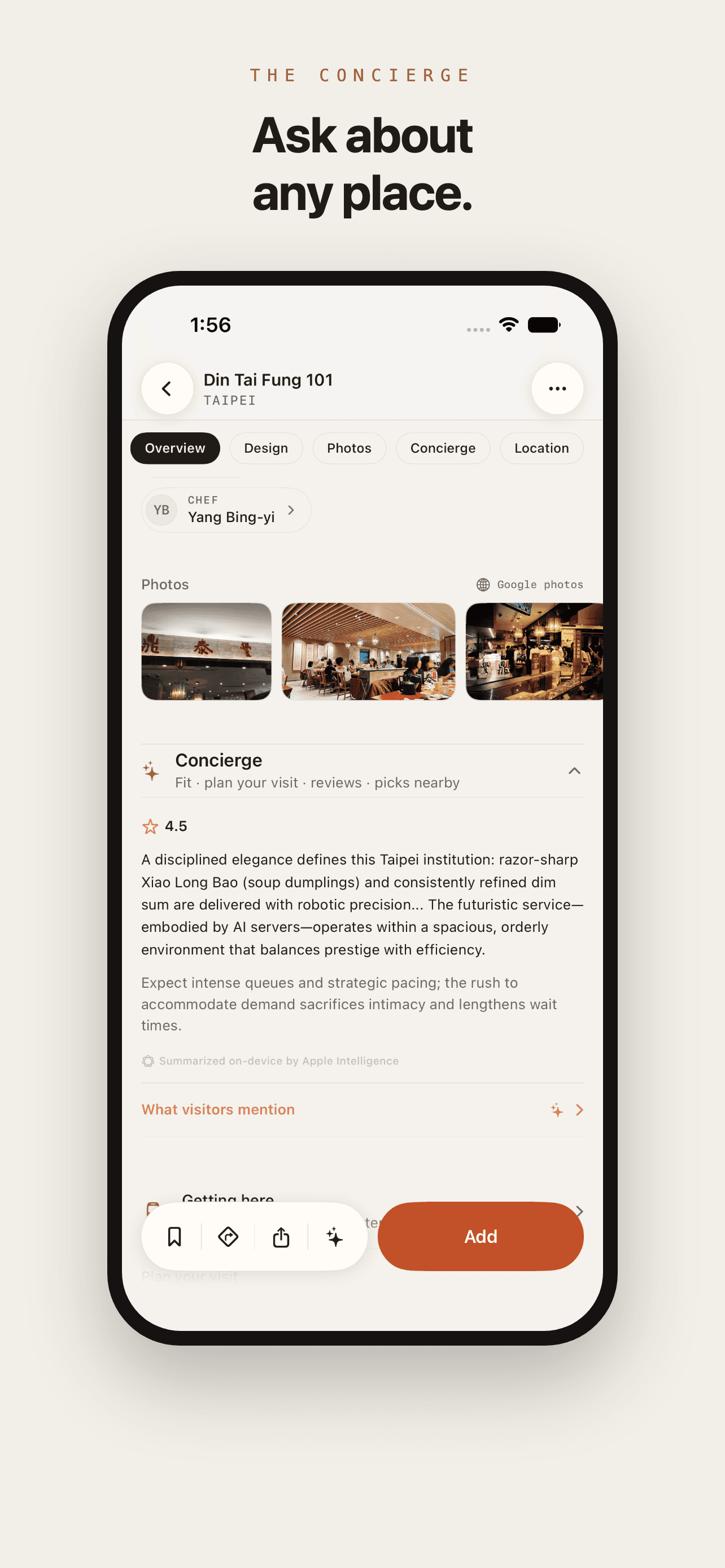 Urban Manual Concierge screen explaining a place and what visitors mention