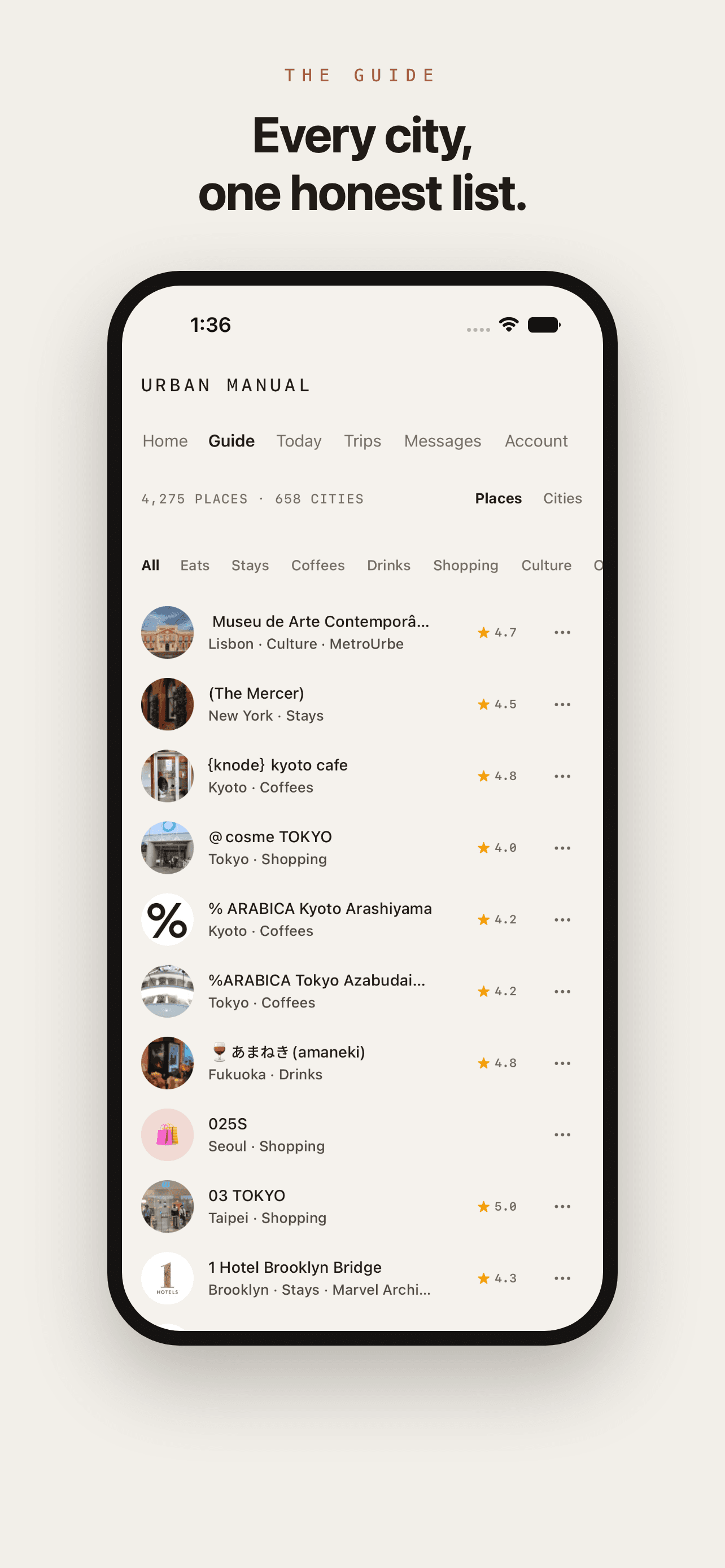 Urban Manual Guide screen showing a curated place list